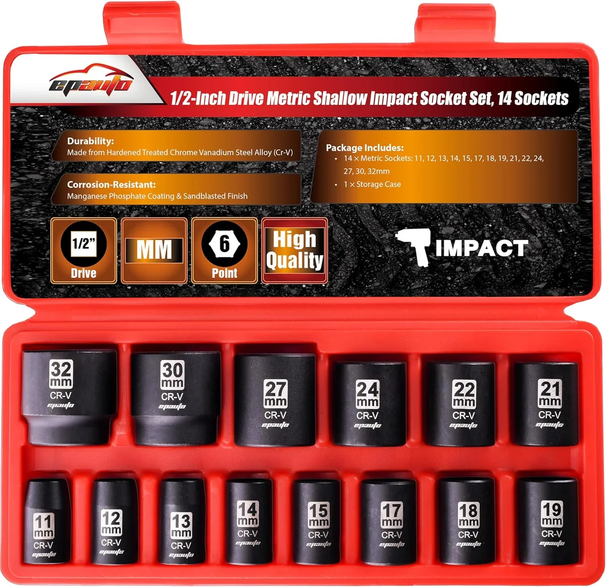 EPAuto 1/2 in. Metric Shallow Impact Socket Set
